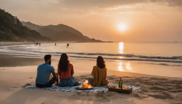 A family enjoying a sunset picnic on Radhanagar Beach.