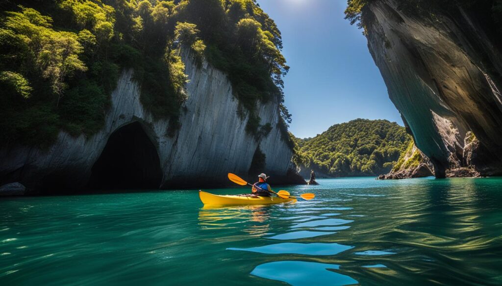 Kayaking in the clear waters of Cathedral Cove, Coromandel Peninsula